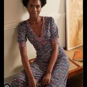 Boden Eva Floral Print Jersey Midi Dress Puff Sleeve 4P